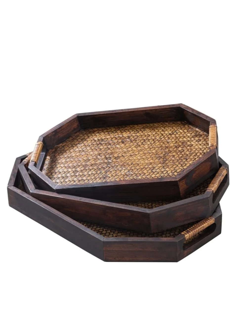 Brown Wooden Set of 3 Nesting Serving Trays